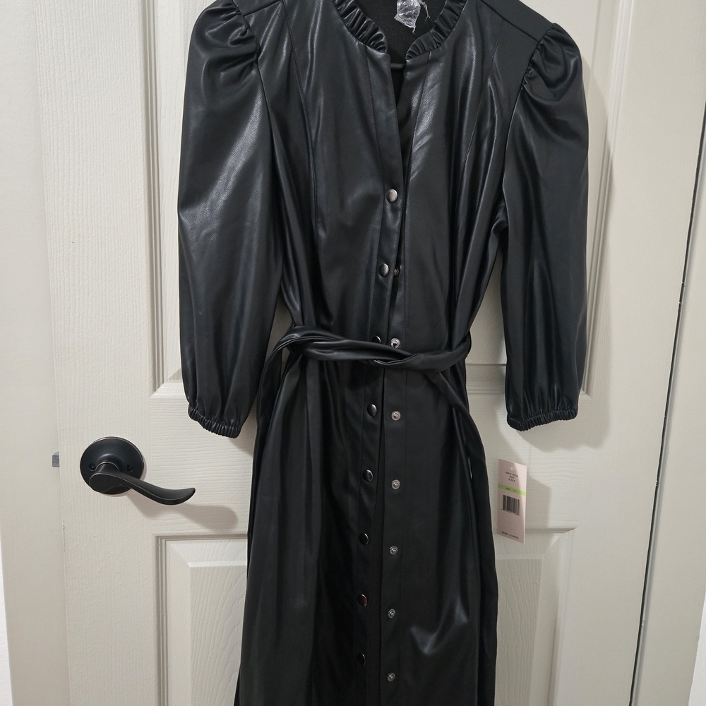 Nanette Lepore Faux Leather Belted  Black Button Up Midi Dress Sz 4 - Picture 4 of 9